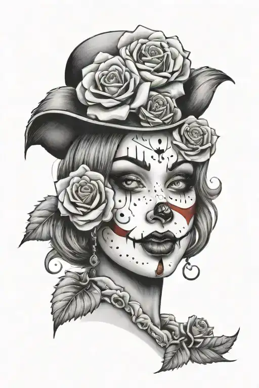 half of clown girl face covered by roses tattoo design idea