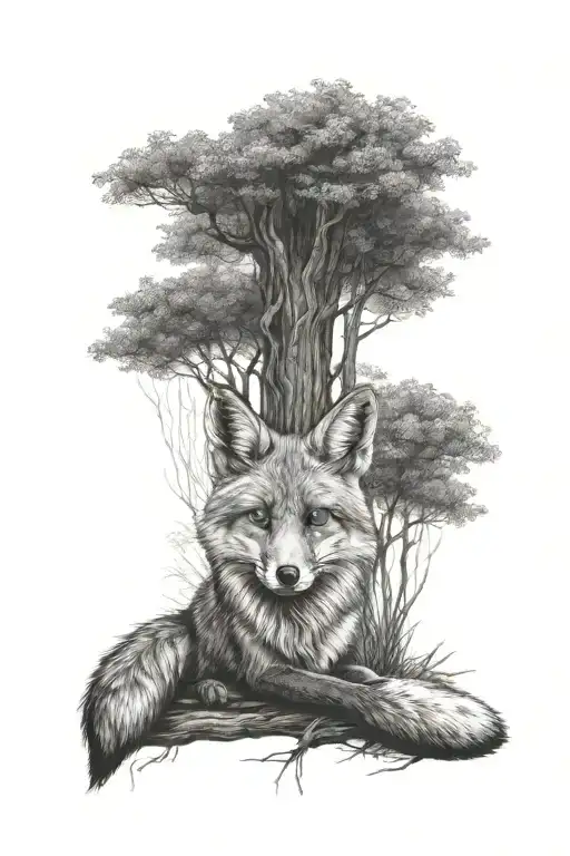 fox sitting under a tree tattoo design idea