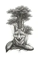fox sitting under a tree tattoo design idea