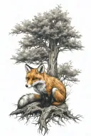 fox sitting under a tree tattoo design idea