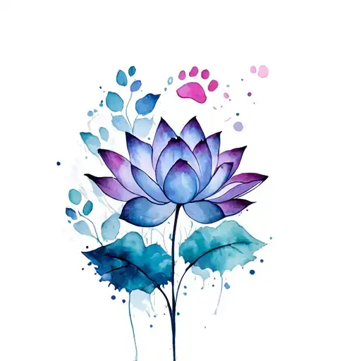 Lotus with leafs and cat paws and dog paws connected tattoo design idea