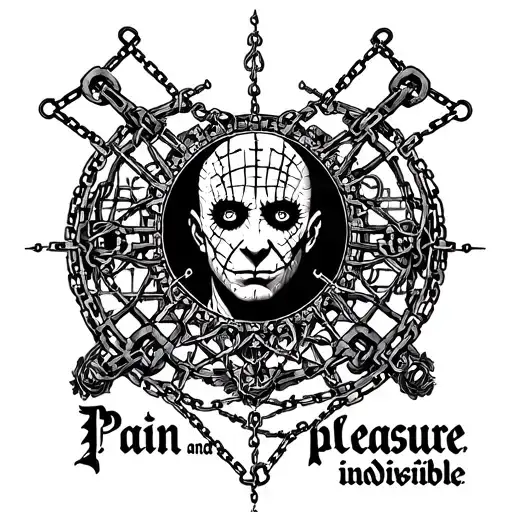 "Pain and pleasure, indivisible" Hellraiser-inspired tattoo featuring Pinhead, chains, the Lament Configuration, and Cenobites in a gothic style tattoo design idea