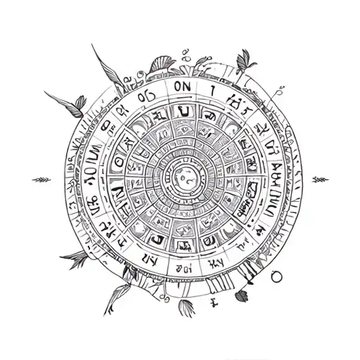 A blackwork tattoo of a Mayan calendar with subtle Quetzal and Colibri motifs tattoo design idea