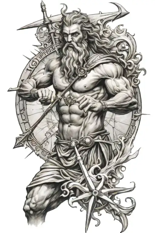 Poseidon holding a trident , handle of trident sticking through a compass, and a lighthouse underneath  tattoo design idea