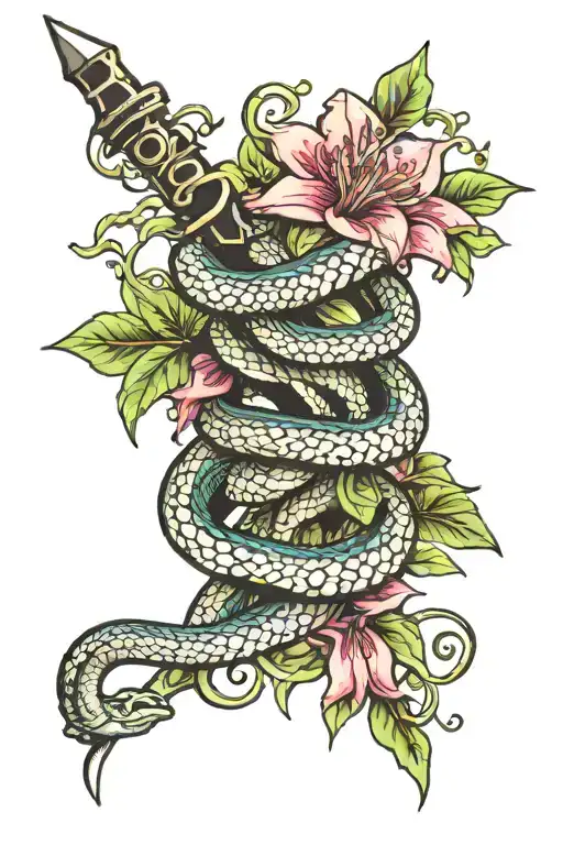 snake,sword,vine,and Lilly flower spine tattoo design tattoo design idea