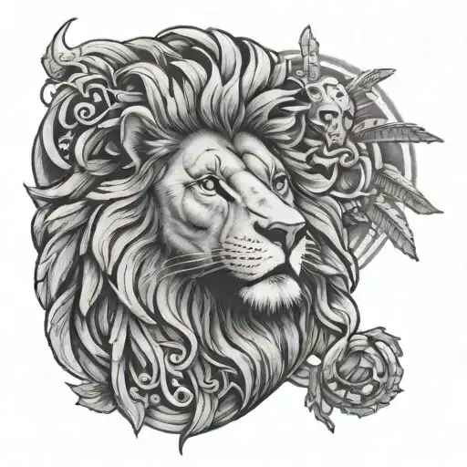 lion and annunaki god with creation tattoo design idea