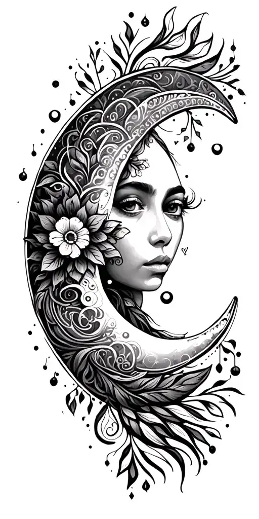 boho moon and ornamental tattoo design idea