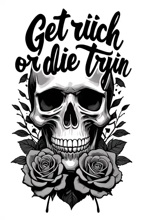 "Get rich or die tryin" skulls and roses tattoo design idea
