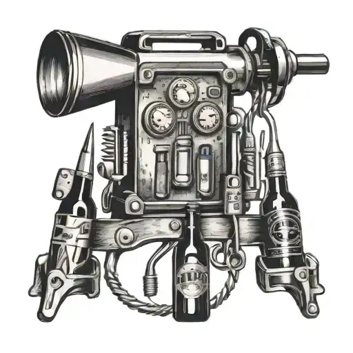 An abstract design combining welder's tools, hunting equipment, and beer bottles to symbolize the client's diverse interests tattoo design idea