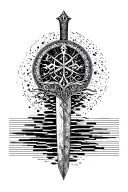 in the style of Le Jardin de Zihwa: Anduril broken sword with small vegvisir symbol across a resonating soundwave tattoo design idea