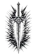 in the style of Le Jardin de Zihwa: Anduril broken sword with small vegvisir symbol across a resonating soundwave tattoo design idea
