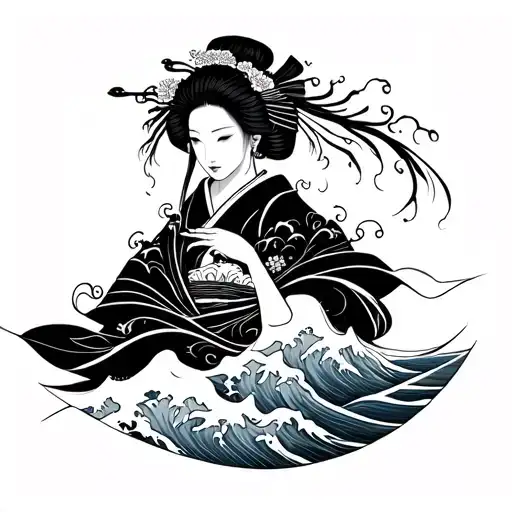 Irezumi geisha with waves crashing in the background tattoo design idea