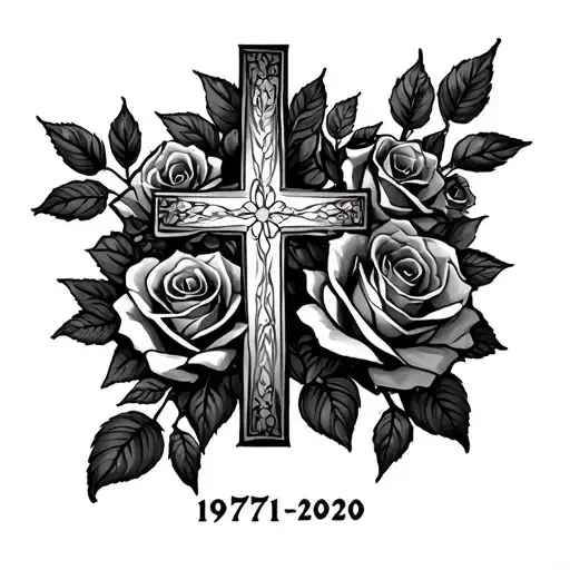 cross with 1971-2020 inside roses around tattoo design idea