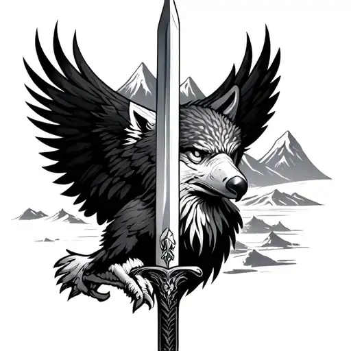 Eagle pierces the wolf sword against the background of the mountains tattoo design idea