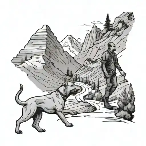 Man and pitbull walking up a winding road, leading to the peak of mountains tattoo design idea