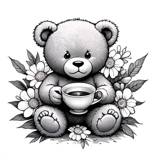 teddy bear holding a tea cup surrounded by blooming flowers tattoo design idea