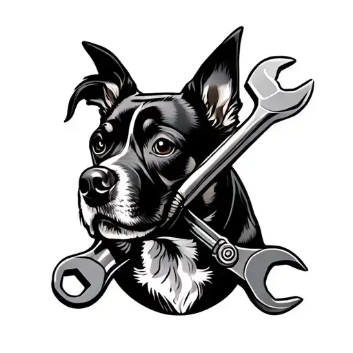 A stylized tattoo of a dog and a wrench intertwined to represent the client's love for dogs and their occupation as a mechanic/welder tattoo design idea