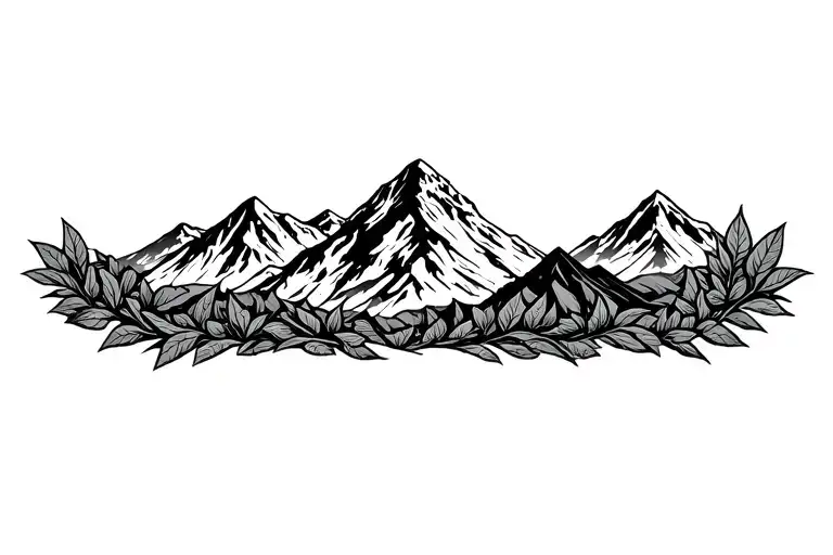 Pachamama spiral with mountain outline intertwined coca leaves tattoo design idea