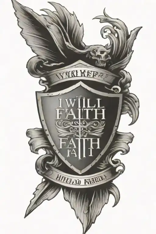 shield adorned with words "I will keep the faith" " I am not afraid"  tattoo design idea