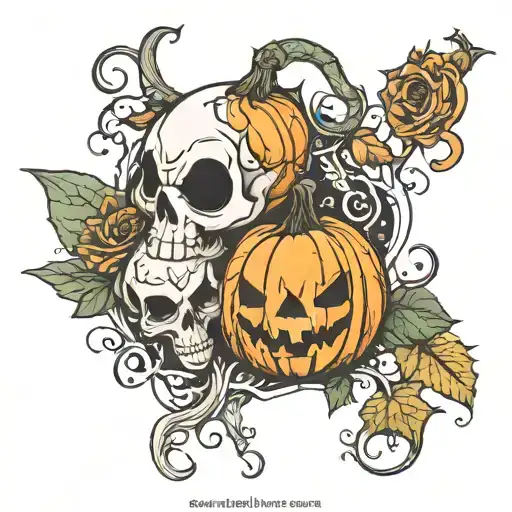 Create a tattoo that contains all of the following images: Pumpkin Mushroom Skulls  Jack skellington Libra Snake Skull tattoo design idea