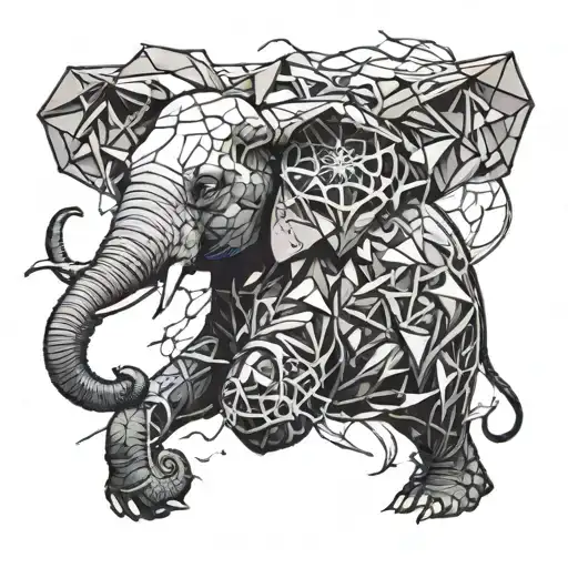 Elephant and mouse hybride escaping huge glass shards. explosion tattoo design idea
