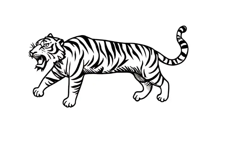 Funny striped tiger in a jump. The body is arched by an arc, the paws are spread in different directions - the front ones stretch forward, the rear tattoo design idea