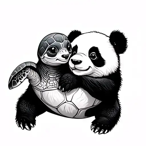 baby sea turtle and a baby panda bear holding tattoo design idea