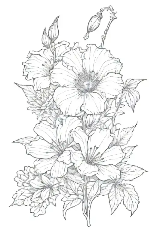 morning glory + chrysanthemum + narcissus flower tattoo design idea