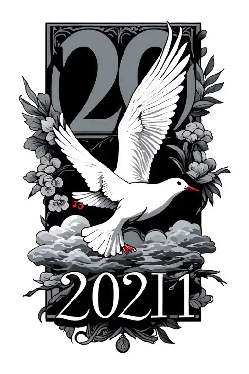 roman numerals 20 January 2021 with dove and clouds tattoo design idea