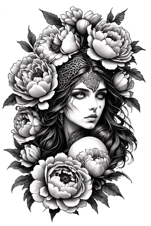 woman emerging from peonies, celtic warrior, open eyes, tattoo design idea