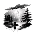thunder storm raining on fisherman edge of forest scene tattoo design idea