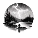thunder storm raining on fisherman edge of forest scene tattoo design idea