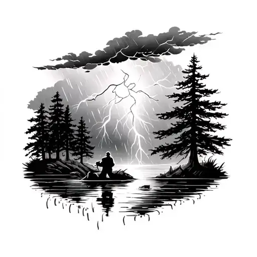 thunder storm raining on fisherman edge of forest scene tattoo design idea