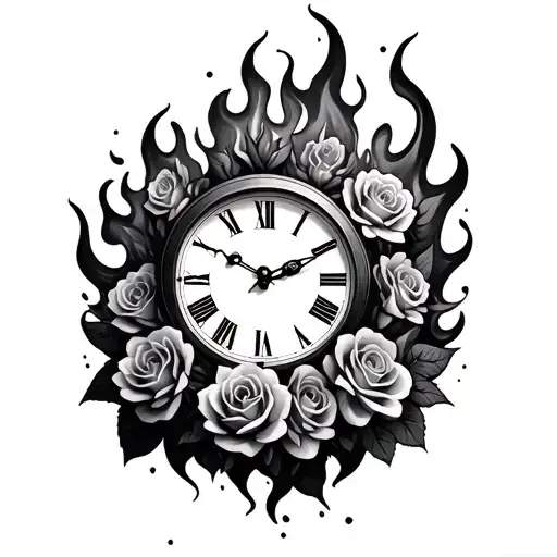 roses clock melting fire surrounded tattoo design idea