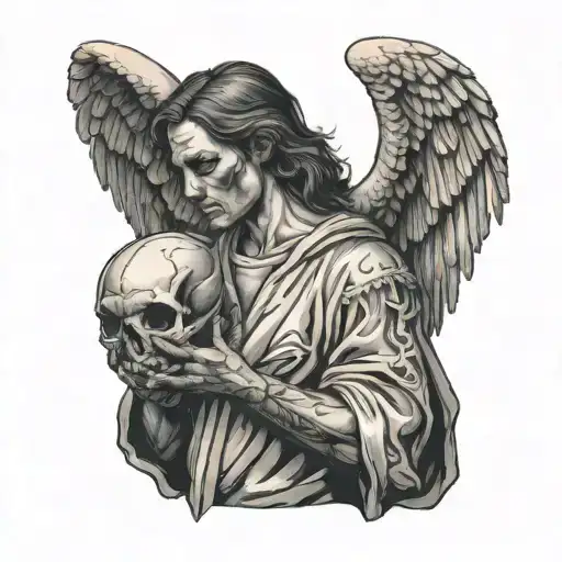 an angel with wide wings holds a skull in his hand, tilts his head slightly, looks at the skull tattoo design idea