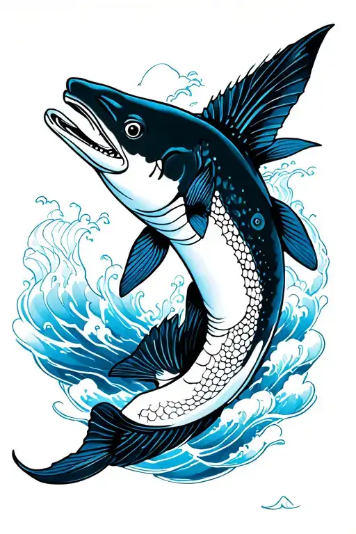 japanese style tattoo with with a sturgeon swimming, frosty blue and white and black line art tattoo design idea