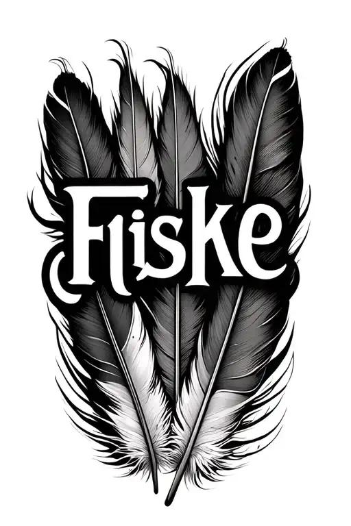 "Fiske" word with indian feather under tattoo design idea