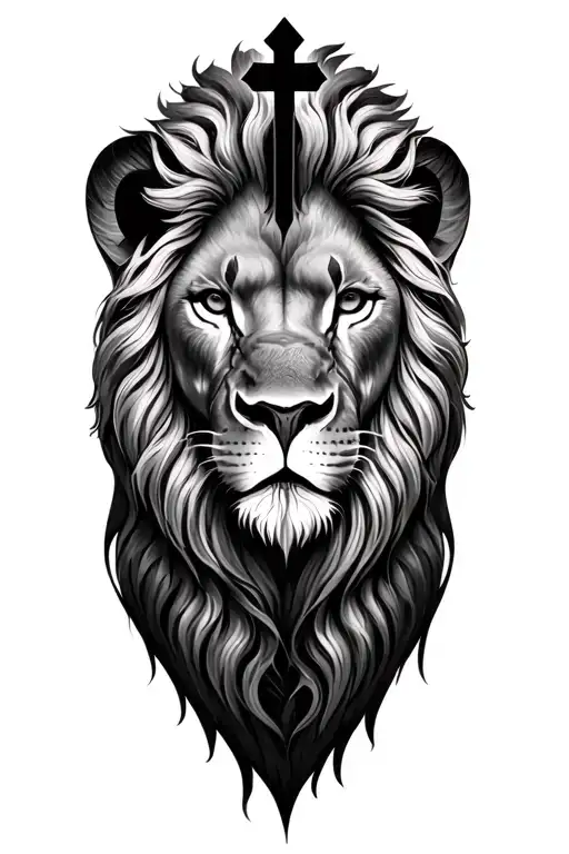 realistic lion head, majestic landscape, 3 black subtle crosses in a line, half sleeve, very detailed art piece. tattoo design idea