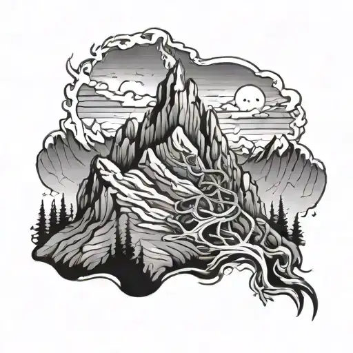 mountain peak with fire flames and skeleton climbing  tattoo design idea