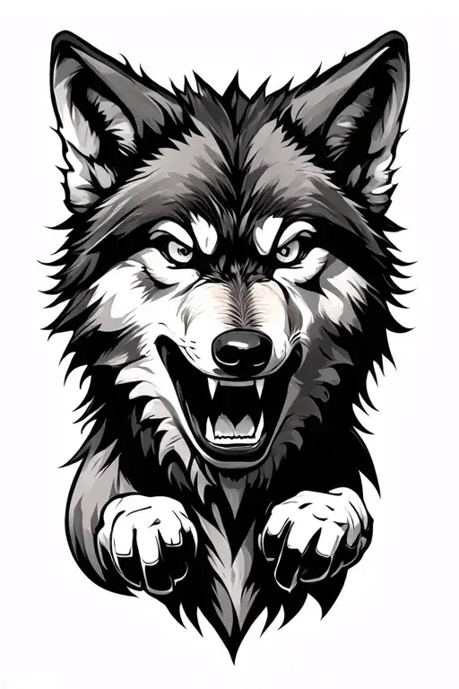 Female wolf with fierce eyes showing teeth and paws. make her look angry.  tattoo design idea