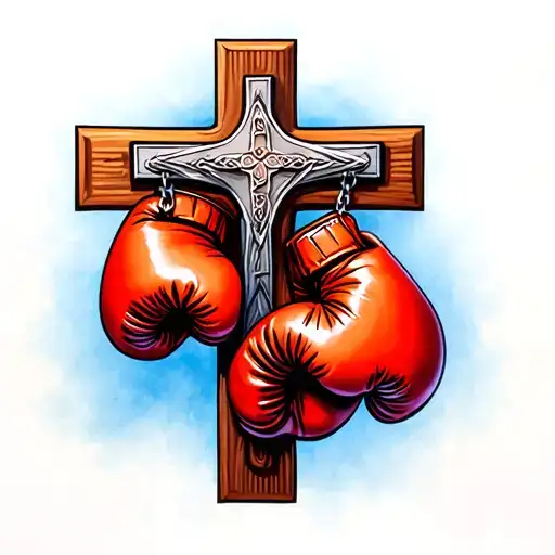 holy cross with boxing gloves hanging tattoo design idea