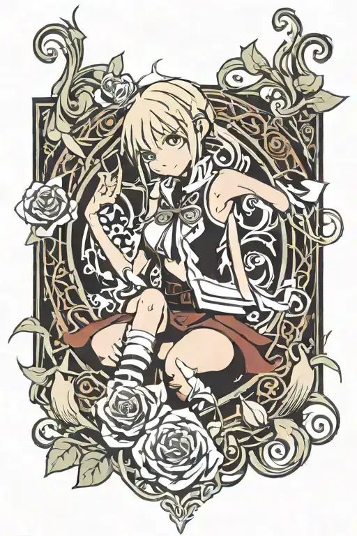 Maka Albarn from Soul Eater, in a combar position with elegant, flowing vines adorned with stylized lilies and roses. tattoo design idea