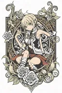Maka Albarn from Soul Eater, in a combar position with elegant, flowing vines adorned with stylized lilies and roses. tattoo design idea