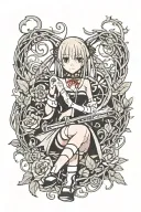Maka Albarn from Soul Eater, in a combar position with elegant, flowing vines adorned with stylized lilies and roses. tattoo design idea