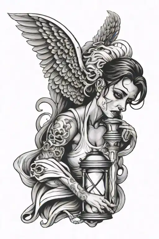Crying gangster angel with hourglass tattoo design idea