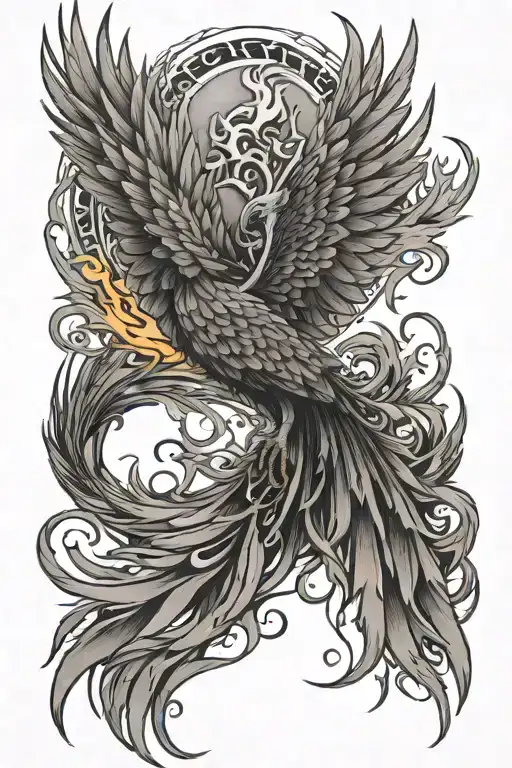 Phoenix rising from flames thigh tattoo with serenity prayer tattoo design idea