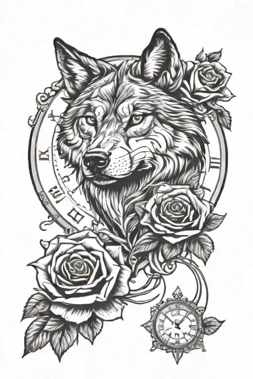 wolf face, rose, clock face, boxing gloves tattoo design idea