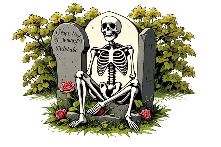Skeleton sitting against gravestone tattoo design idea