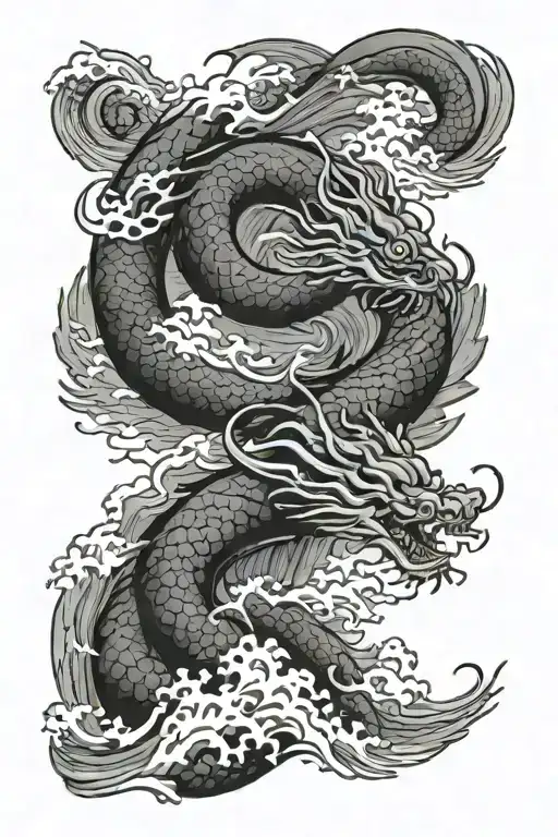 Japanese ocean waves during a thunder storm with Japanese dragon wrapping around the arm, half sleeve tattoo tattoo design idea