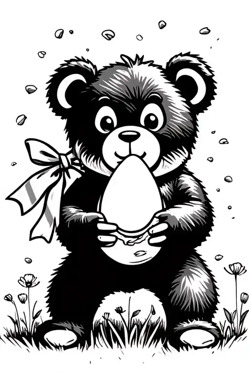 teddy bear wearing a ribbon on the neck holding hardboiled egg cut in half in poppy field tattoo design idea